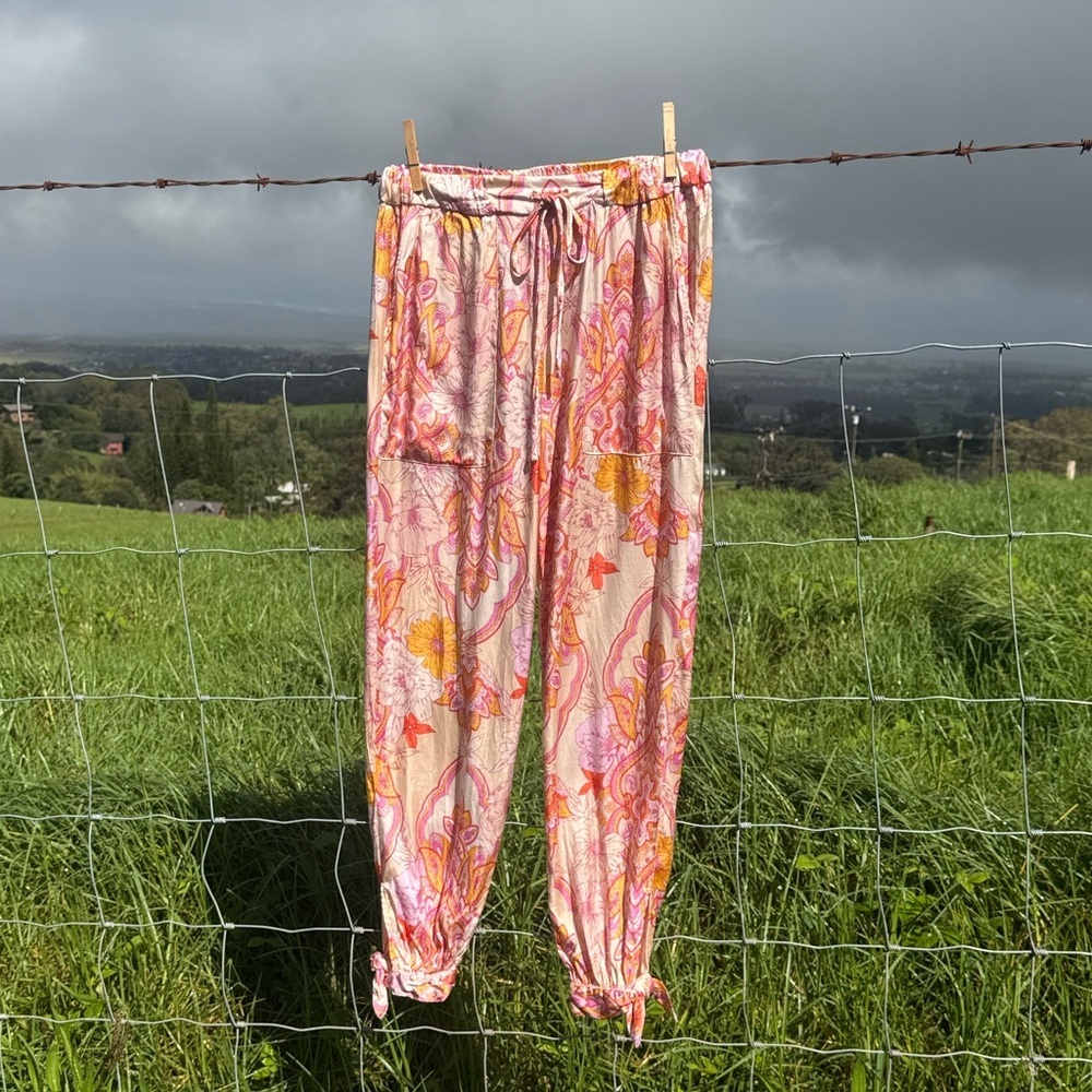 Zara The Sasha printed satin tapered tie hem pants pink and orange paisley Small